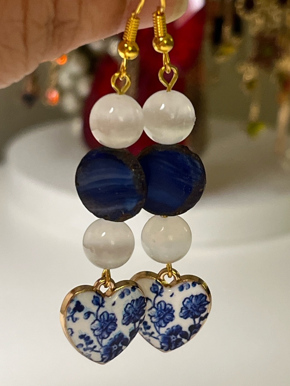 Handmade Blue Agate & Selenite Heart Dangle Earrings Gold Tone